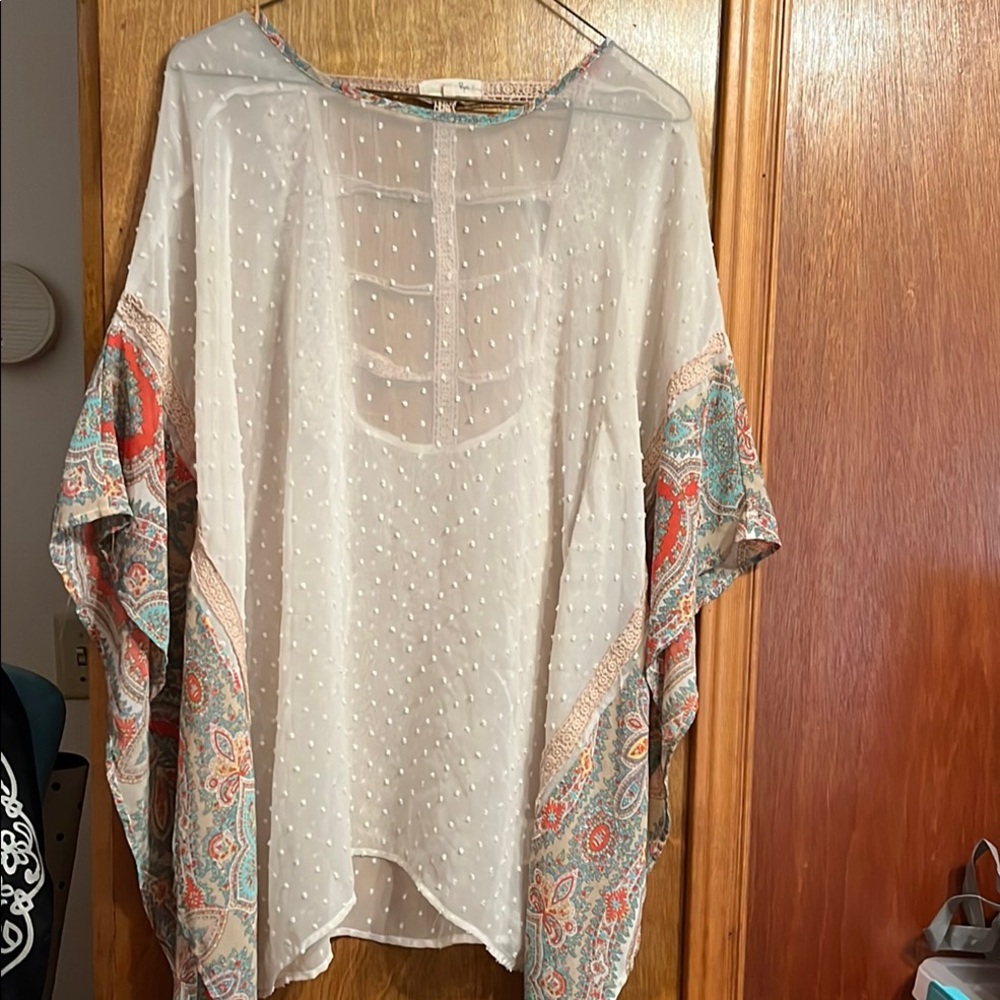 Ryu Ivory Swiss Dot Tunic with  Paisley Trim